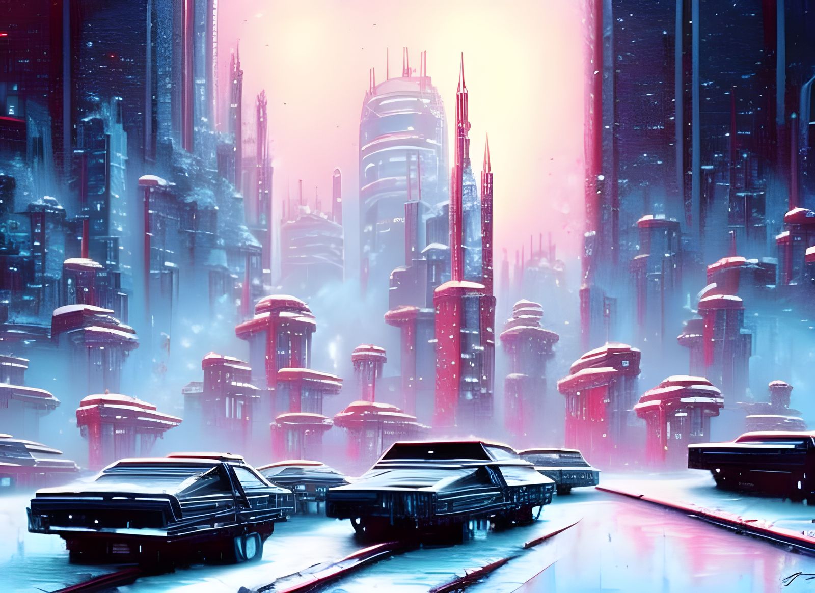 Futuristic Snowstorm Cityscape with Flying Cars
