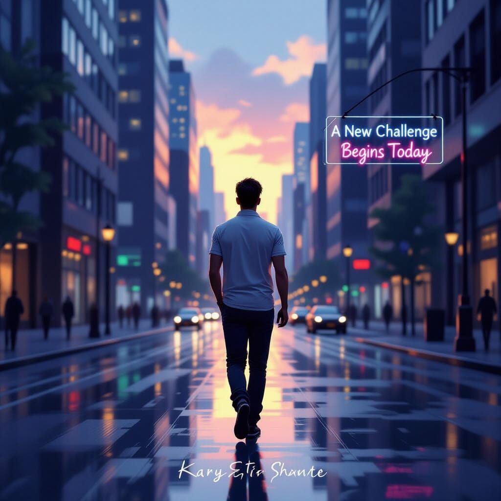 Solitary Figure's Dawn Journey on Vibrant City Street