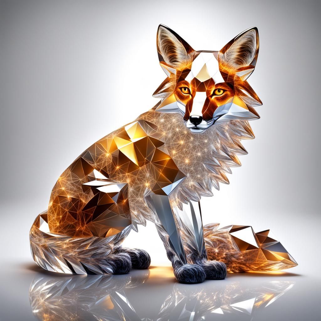 Crystalline Fox Reflecting Light Through Fractal Crystal