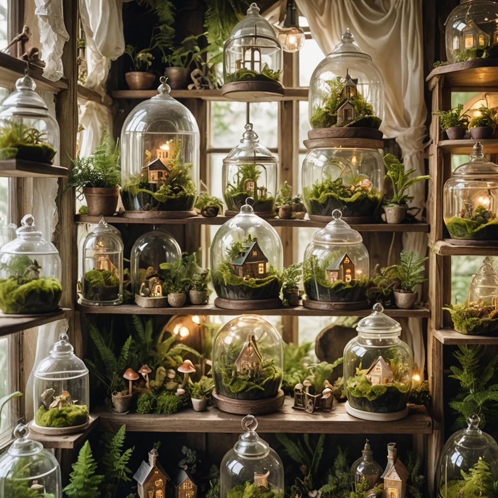 Enchanting Terrariums with Miniature Houses in Gouache Style