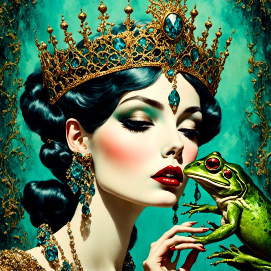 Princess Witch Kissing Frog in Surreal Collage