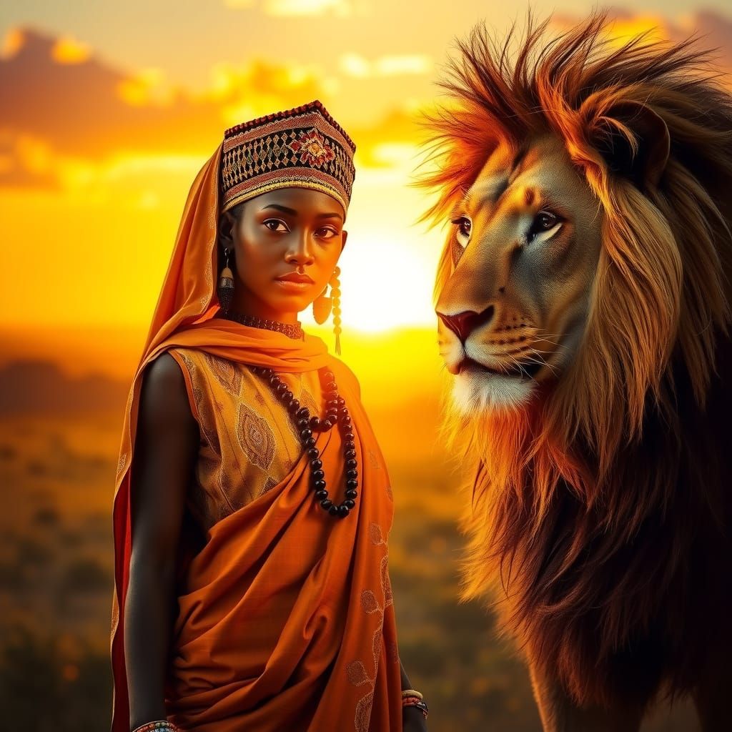 Surreal Sunset Scene in the African Savannah with a Lion and...
