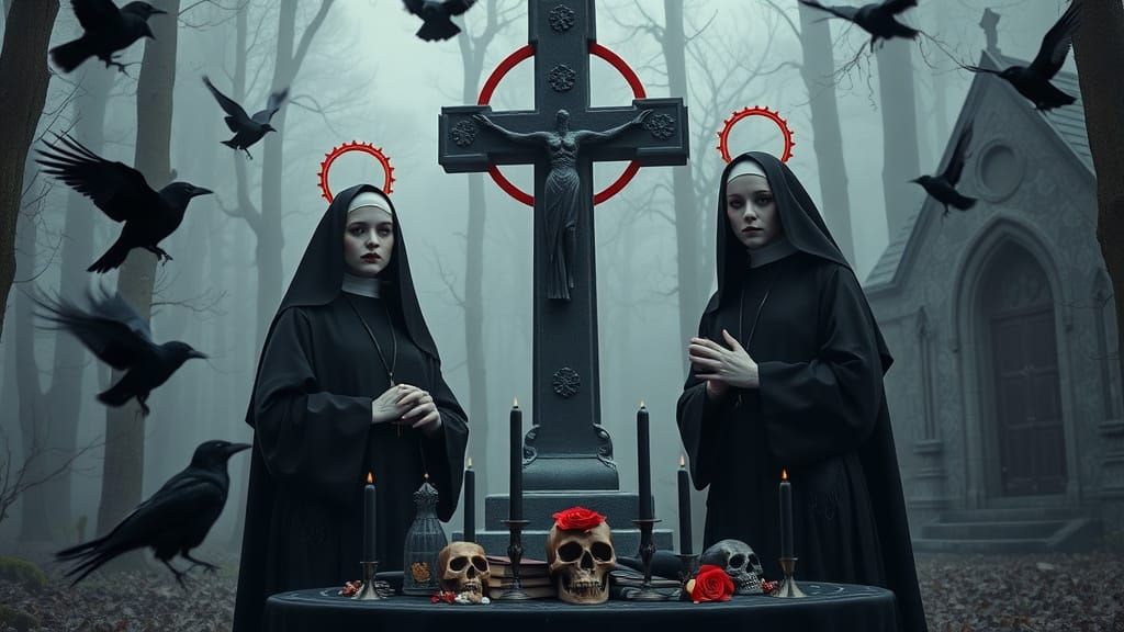 Gothic Vampire Nuns in Dark, Mysterious Woods