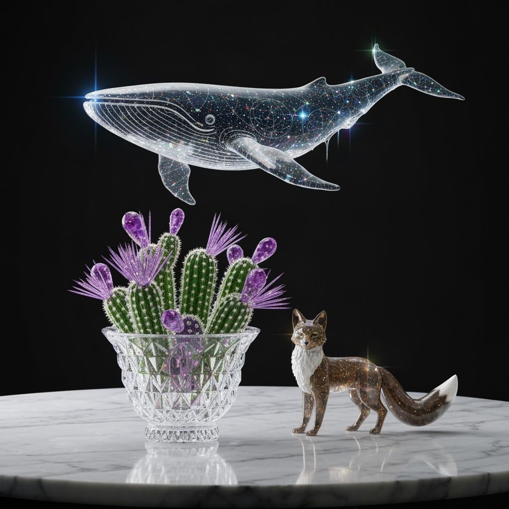 Crystal Vase with Glass Cacti & Quartz Fox