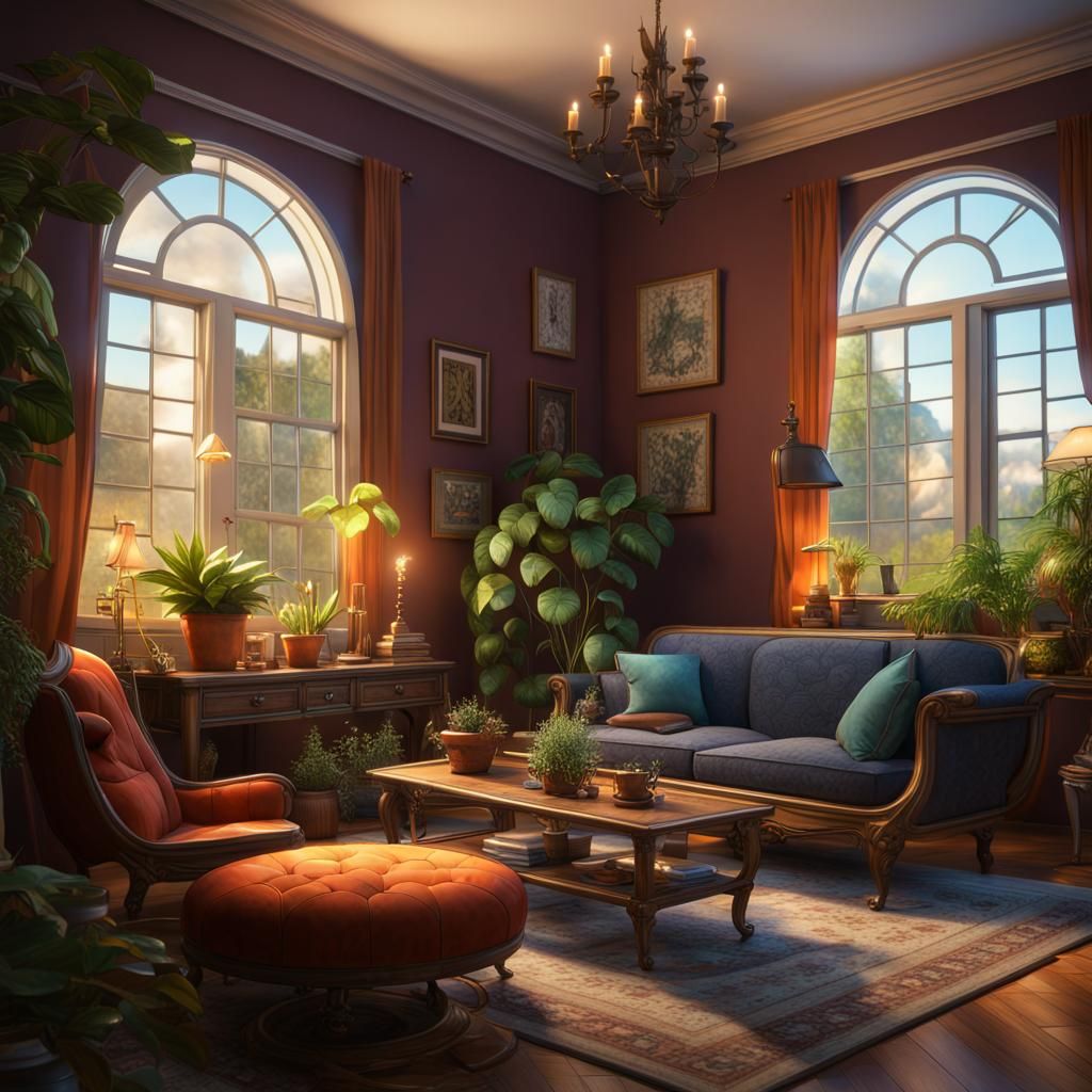 Detailed Living Room Interior, Matte Painting Concept Art