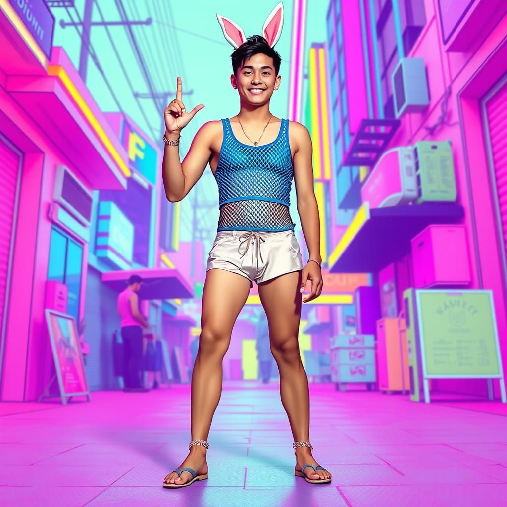 Sensual Heartthrob in Neon-Lit Bunny Crop Top