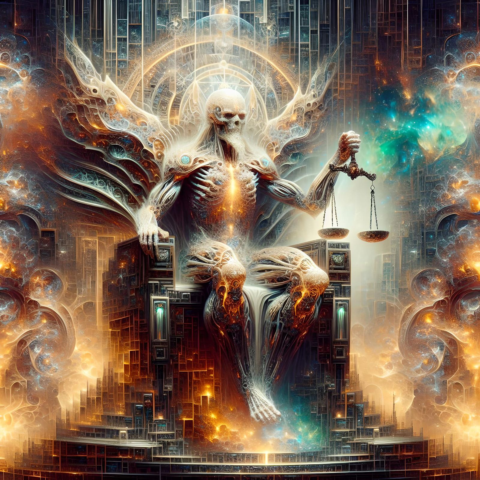 Cybernetic Lich Lord Enthroned with Scales of Justice
