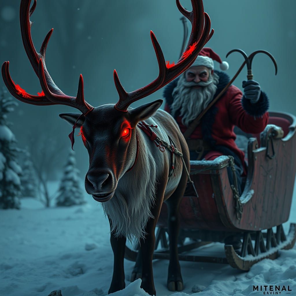 Menacing Red Reindeer and Evil Santa in Dark Winter Landscap...