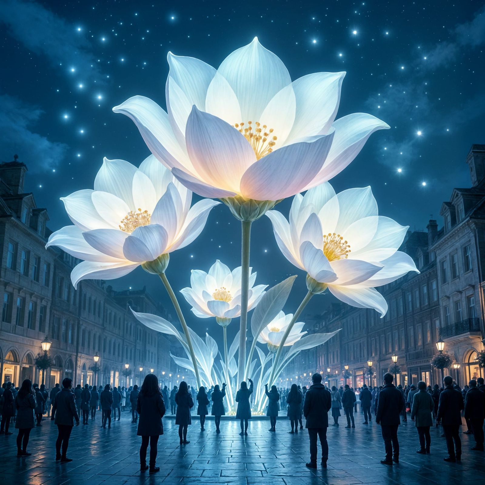 Giant Bioluminescent Flowers in Town Square