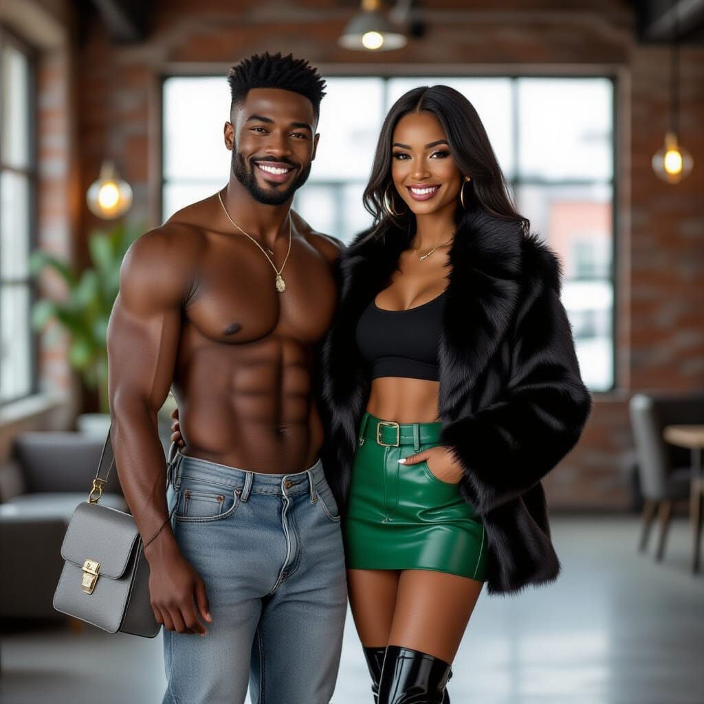 Stylish Black Couple in Futuristic Fashion, Photorealistic