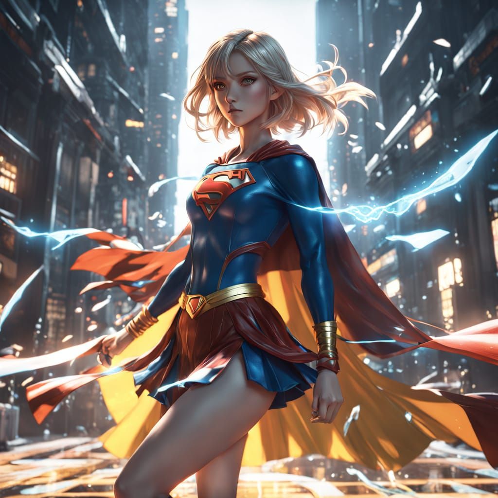 Vibrant 1990s Anime Supergirl with Intricate Eyes