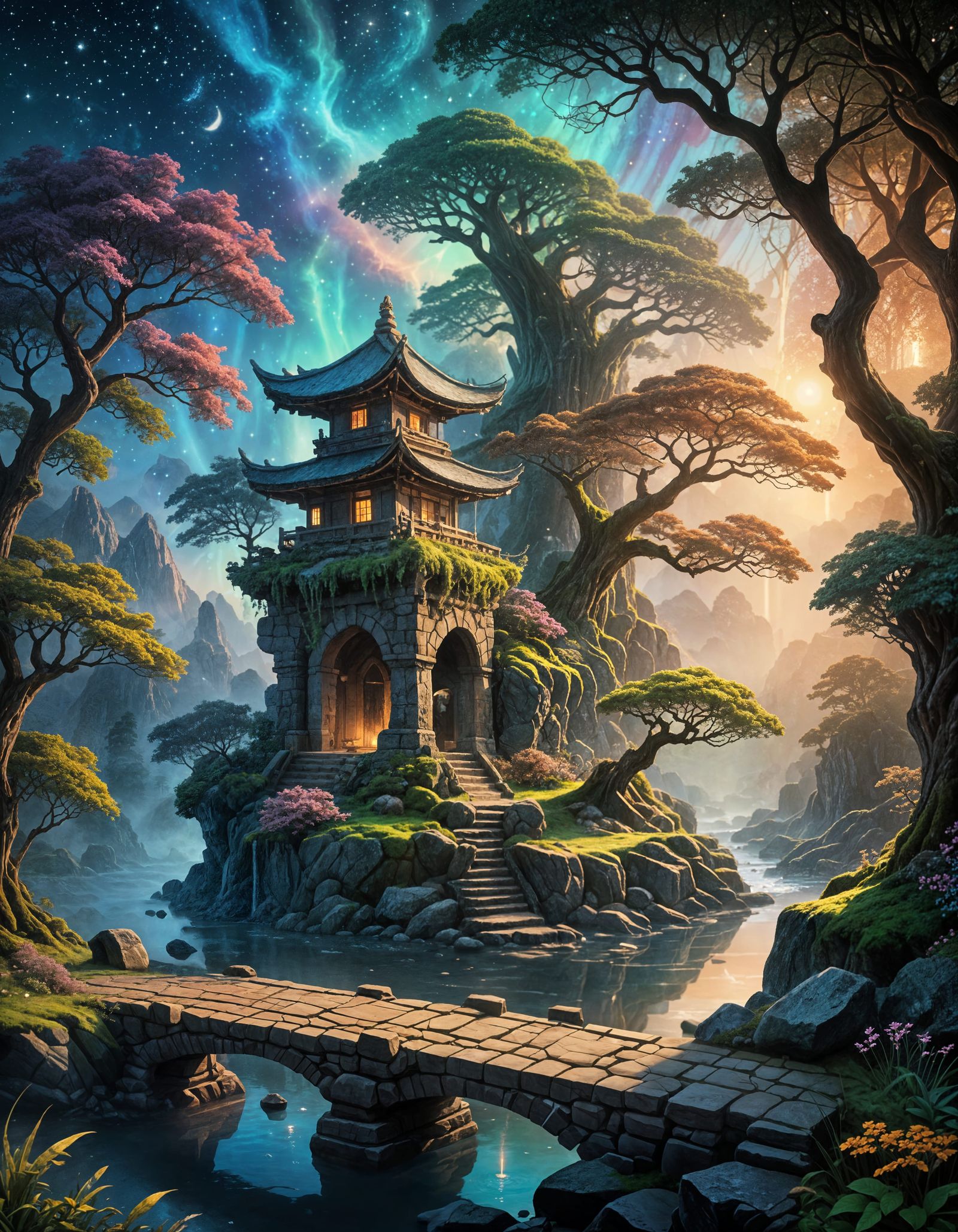 Ancient Bonsai Trees Bridge Temple under Starry Cosmic Skies