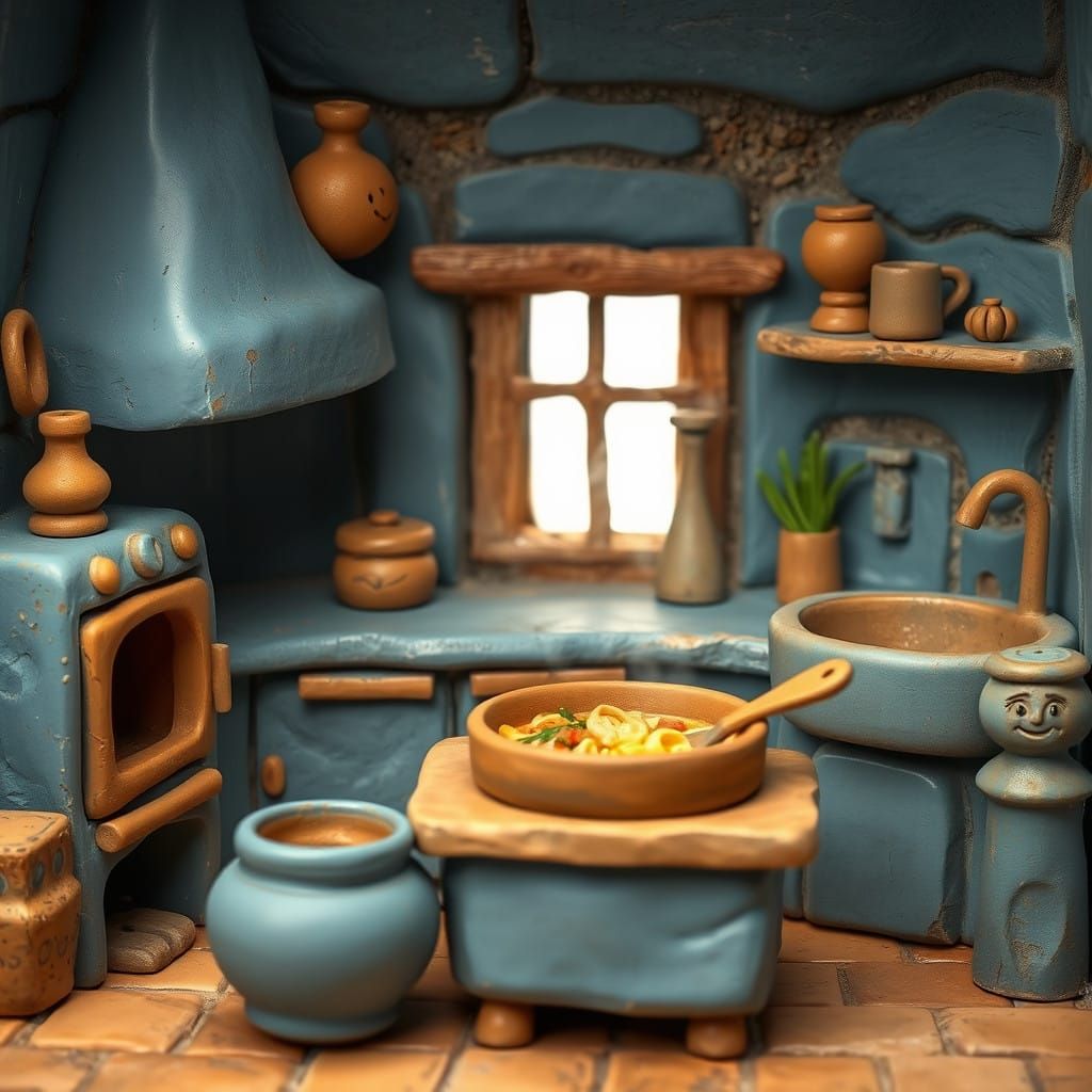 Warm Blue Clay Kitchen with Rustic Clay Appliances and Whims...
