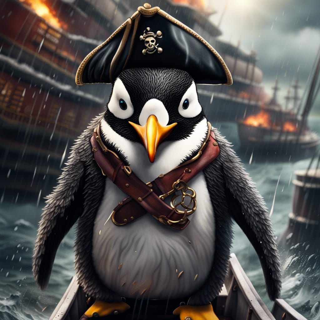 Pirate Penguin in Tempest: Hyperrealistic Matte Painting