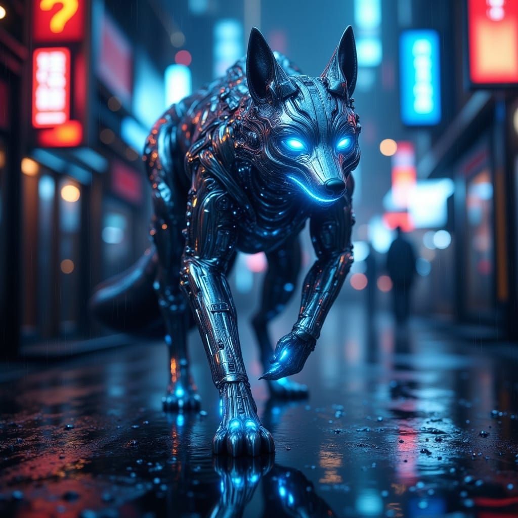 Cybernetic Wolf Stalks Futuristic Metropolis