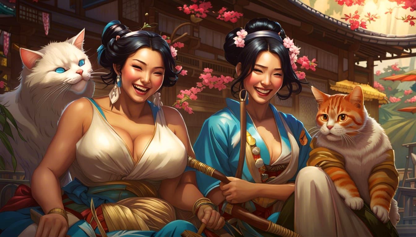 Cats from Japan's famous Aoshima Island (Cat Island) with 2 geisha girls