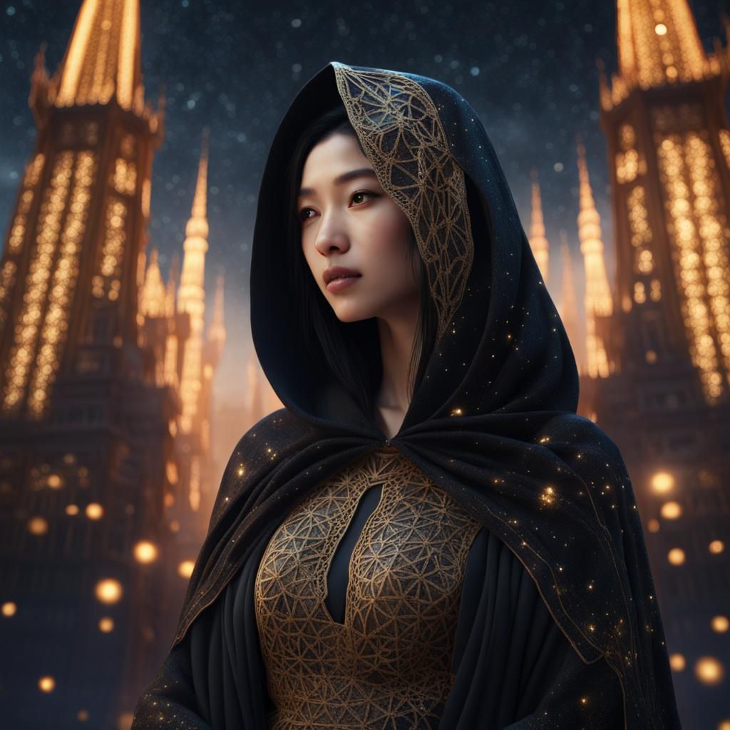 Asian Woman in Starry Sky Fantasy Art