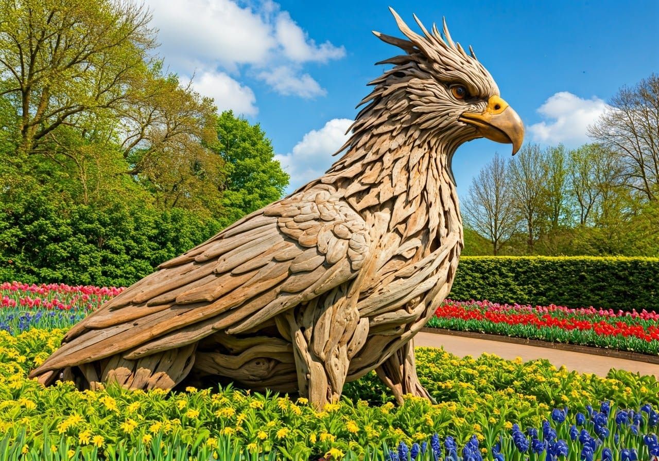 Surreal Wood Sculpture of Majestic Hippogriff in Public Gard...