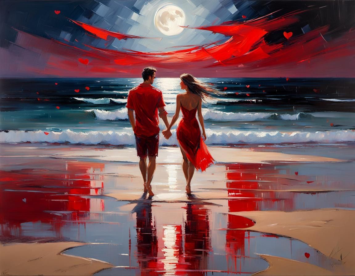 Romantic Beach Walk Under Red Moon, Abstract Expressionism