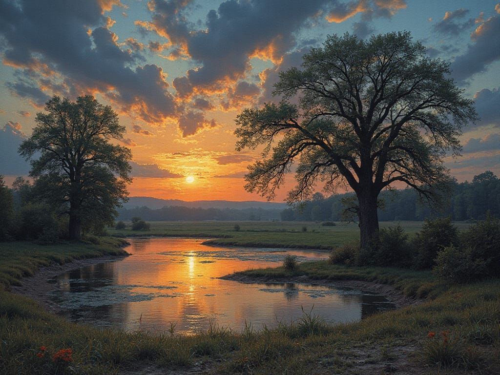 Dusk Landscape with Lake and Ancient Oak Trees, in Expressio...