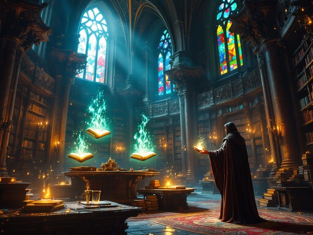 Gothic Magic Library with Glowing Tomes