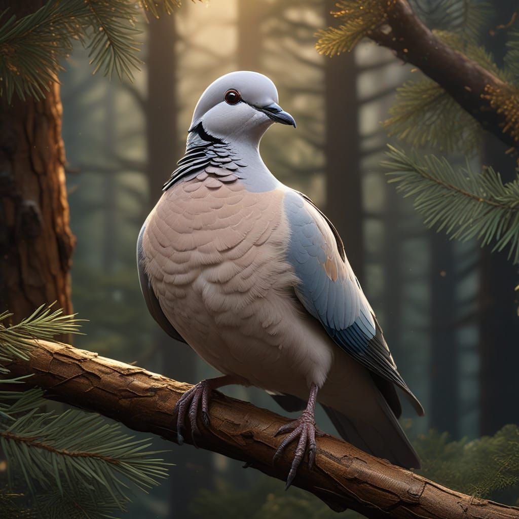 Ethereal Collared Dove in Art Nouveau-Inspired Pine Forest