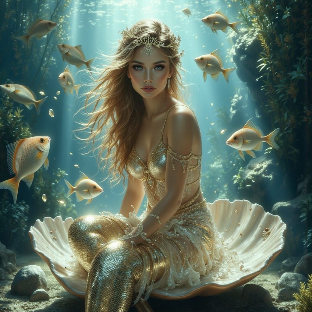 Mermaid with Shell Crown in Hyperrealistic Style