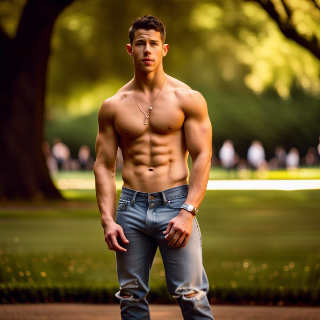 Nick Jonas Shirtless in Park: Professional Photography