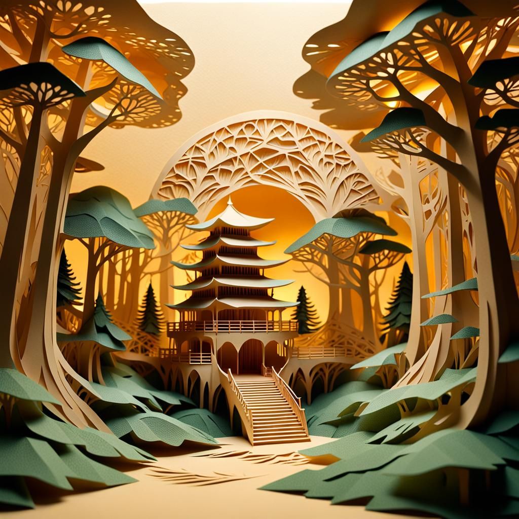 Majestic Kirigami Forest with Futuristic Structures