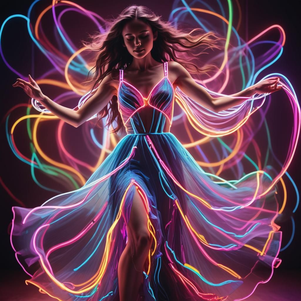 Neon Light Dancer in Flowing Dress