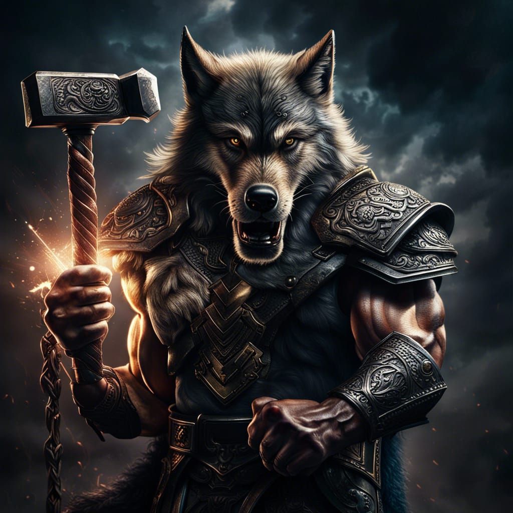 Hyperrealistic Wolf Destroyer with Thor's Hammer