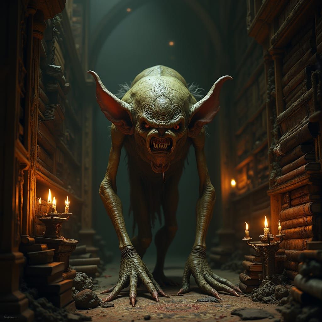 Grotesque Goblin Creature in Dark Gothic Library