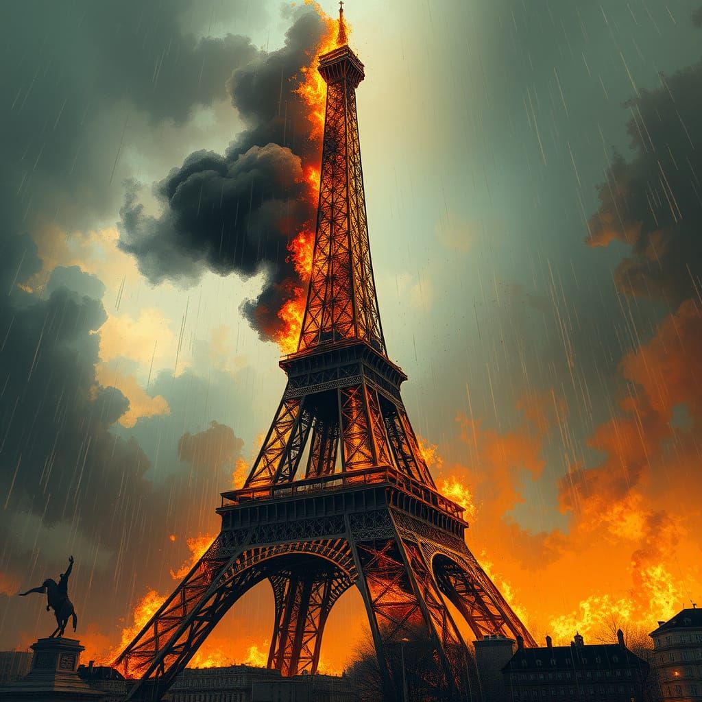 Eiffel Tower Engulfed in Fiery Inferno Amidst Torrential Dow...