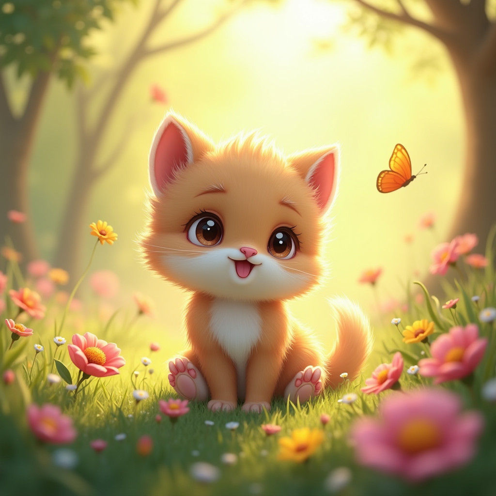 Fluffy Kitten in Sunny Meadow: Detailed Matte Painting