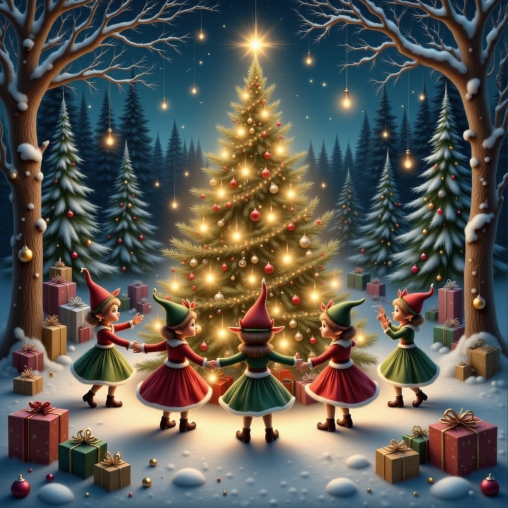 Christmas Elves Dancing in Winter Wonderland