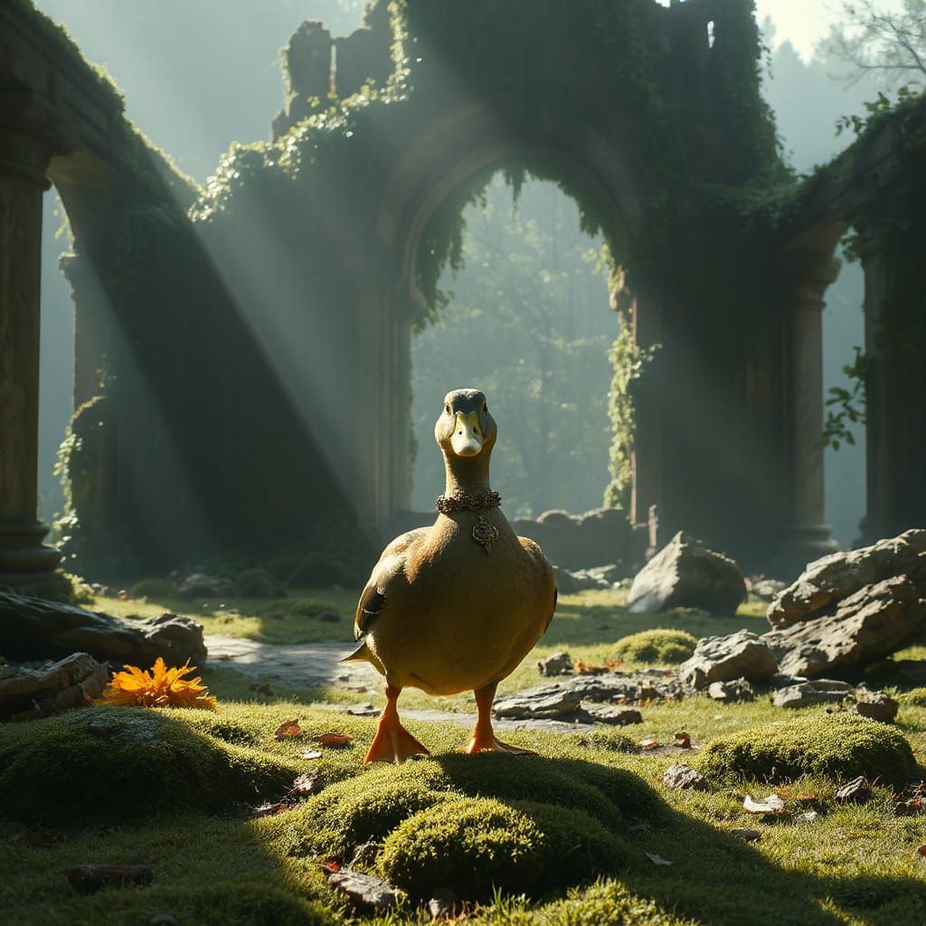Mystical Duck in Ancient City Ruins