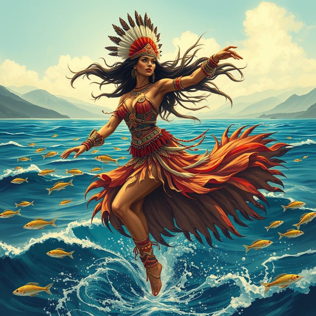 Vibrant Goddess of America in Dreamlike Oceanic Landscape