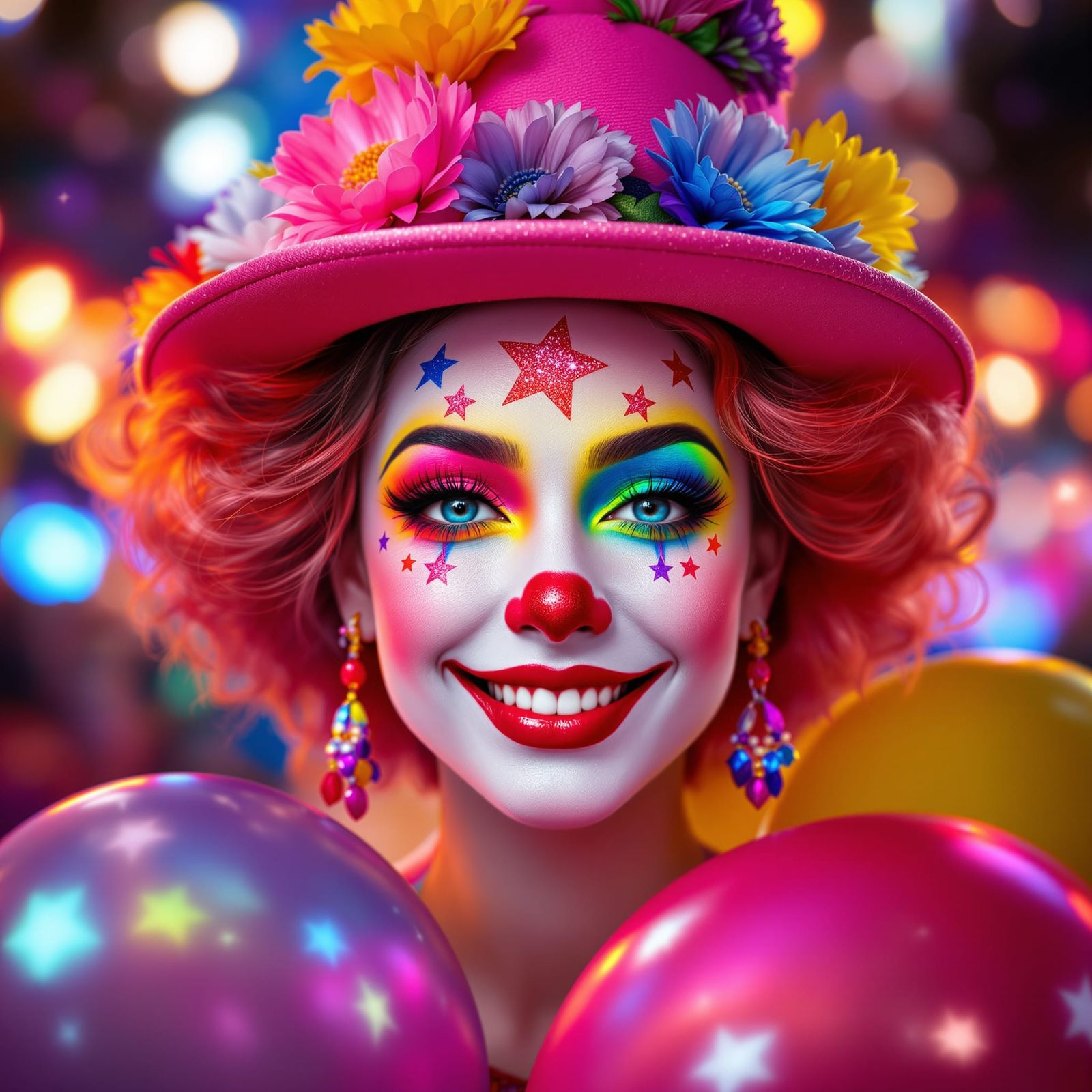Cheerful Clown Girl with Rainbow Makeup and Flowers