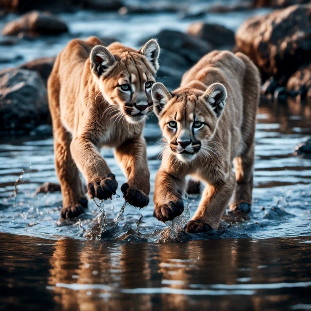 Puma Cubs Playing: Hyperrealistic Animal Photography
