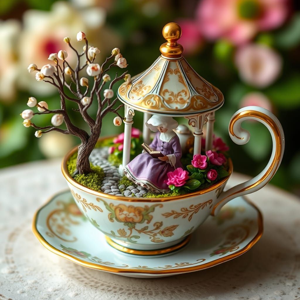 Miniature Victorian Garden Inside a Teacup