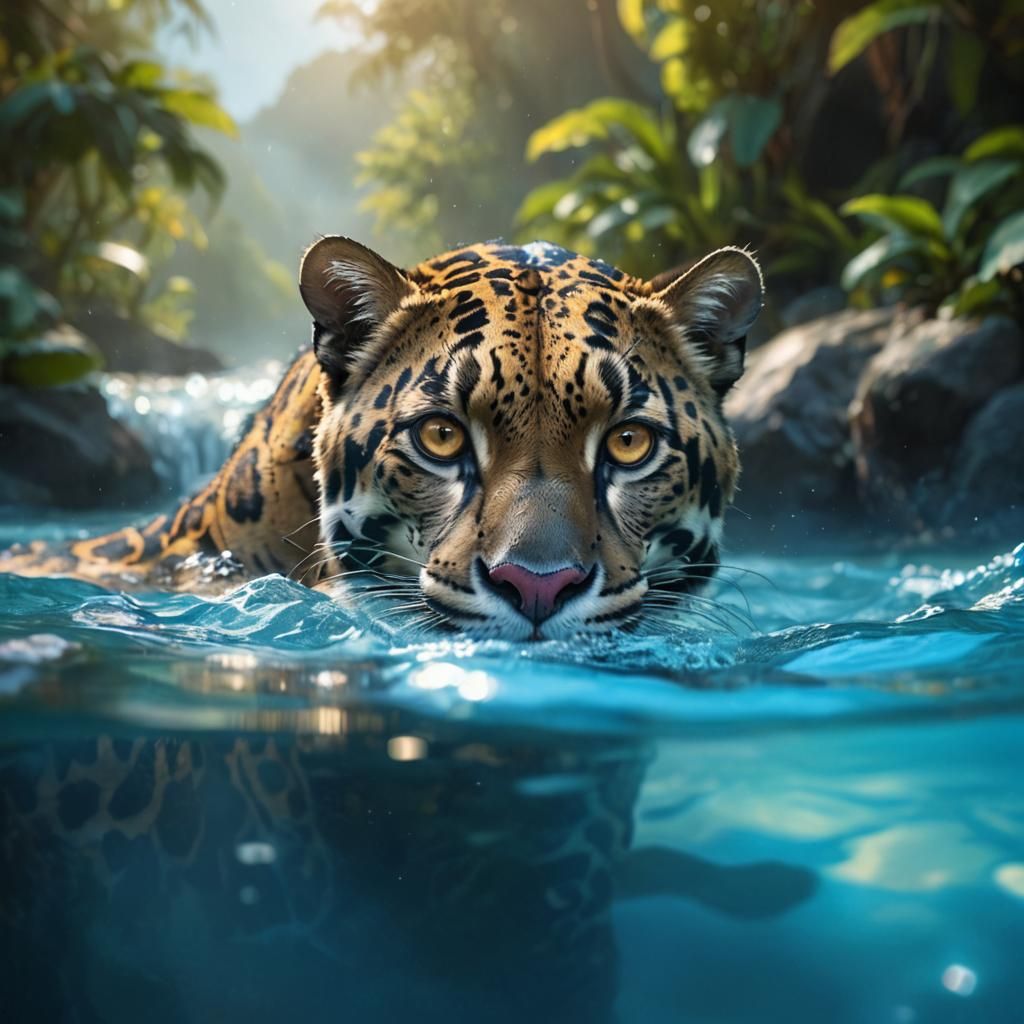 Clouded Leopard Swimming in Blue River: Fantasy Illustration