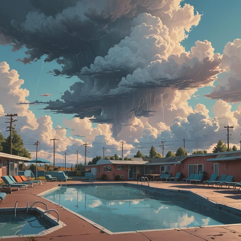 Eerie Motel Pool with Clouds in Retro-Futuristic Style