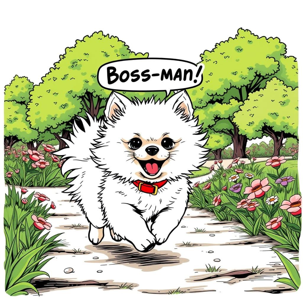 Playful Pomeranian in Manga Style, Running in Park