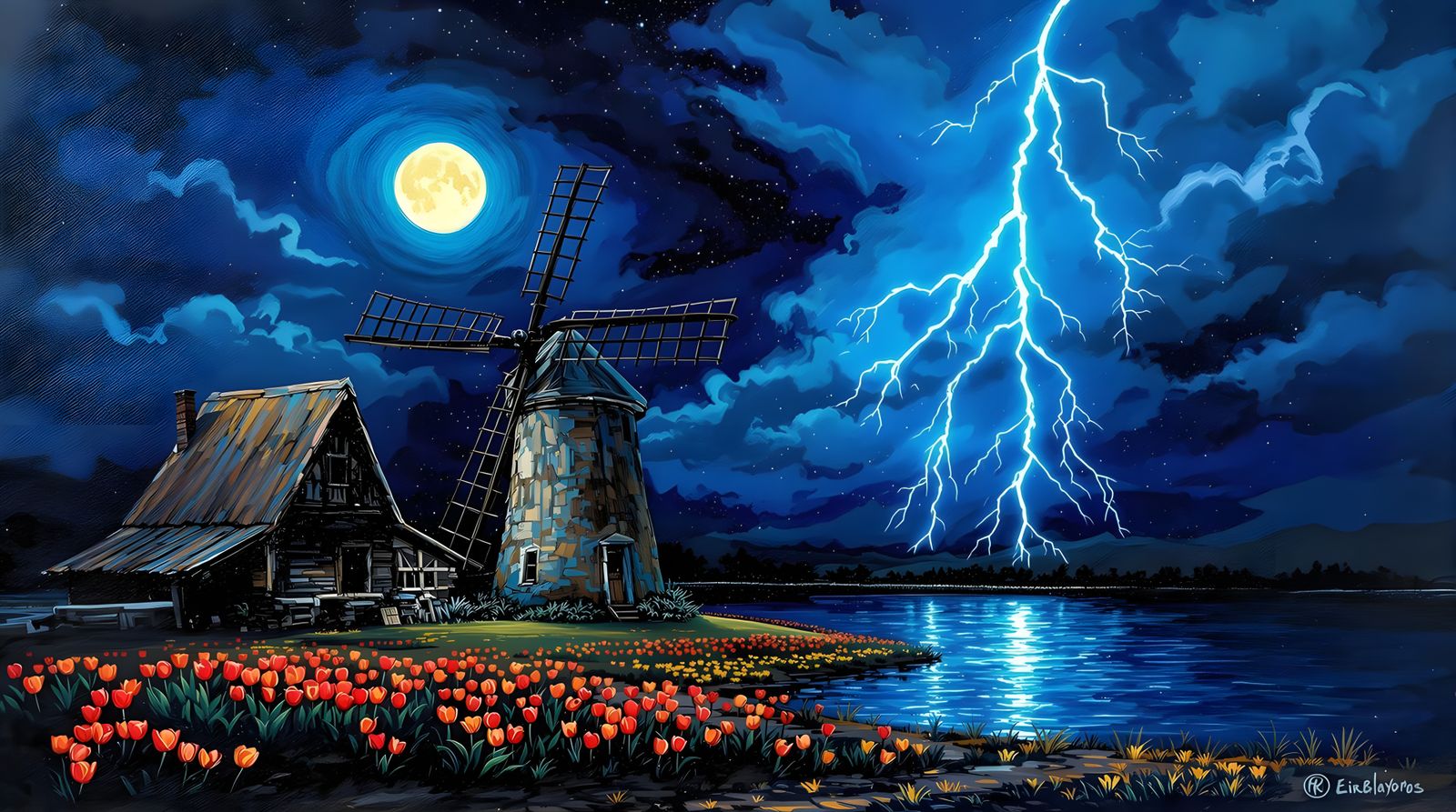 Moonlit Windmill Illuminated by Dramatic Lightning