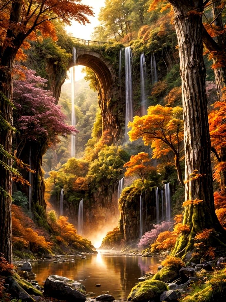 Red Waterfall in Autumn Landscape