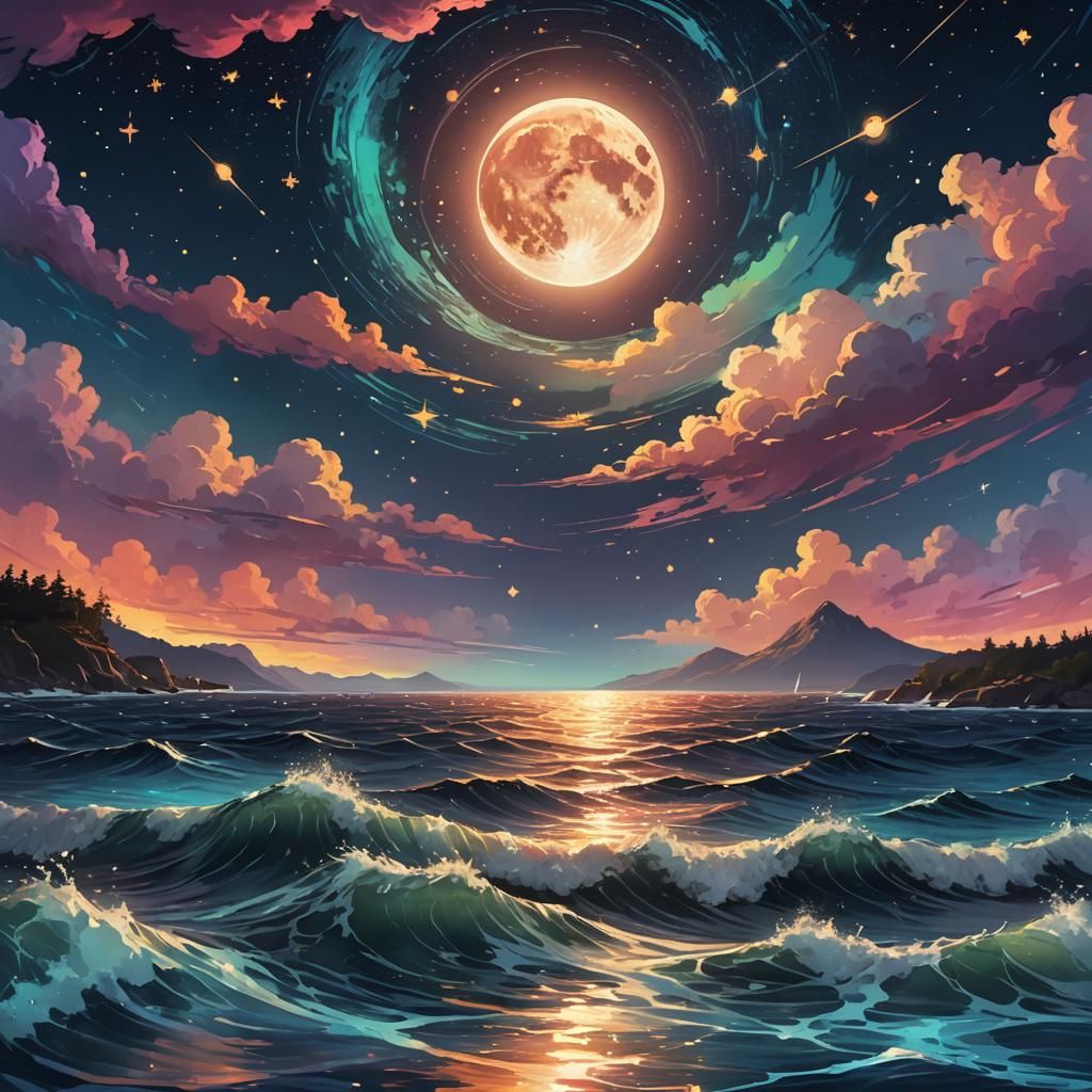 Dreamlike Night Sky Art with Moon and Stars