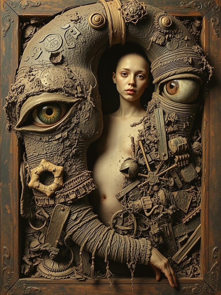 Surreal Golem with Mud-Sealed Eyes as Vintage Polaroid