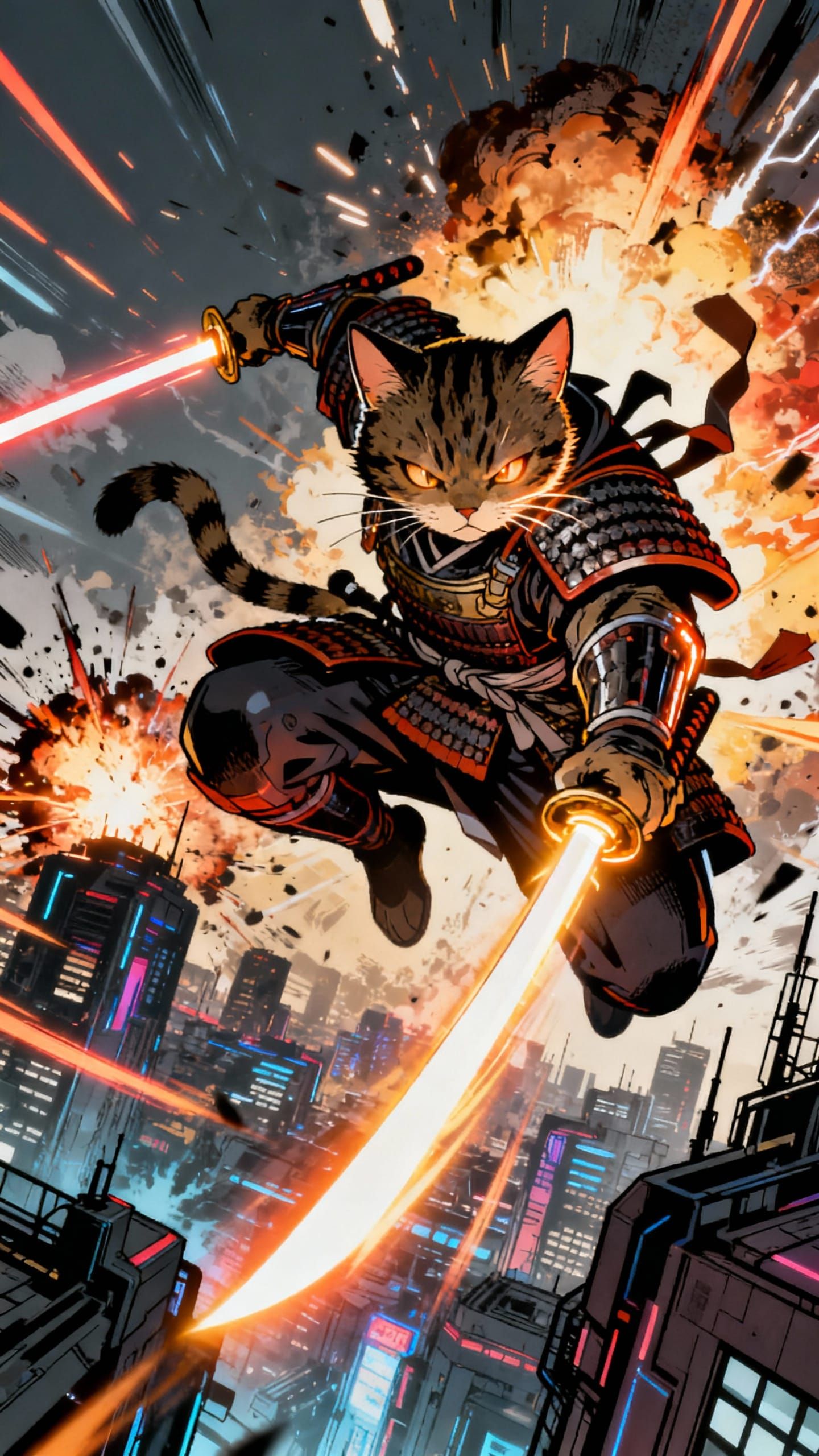 Samurai Cat Warrior Aerial Duel in Futuristic City