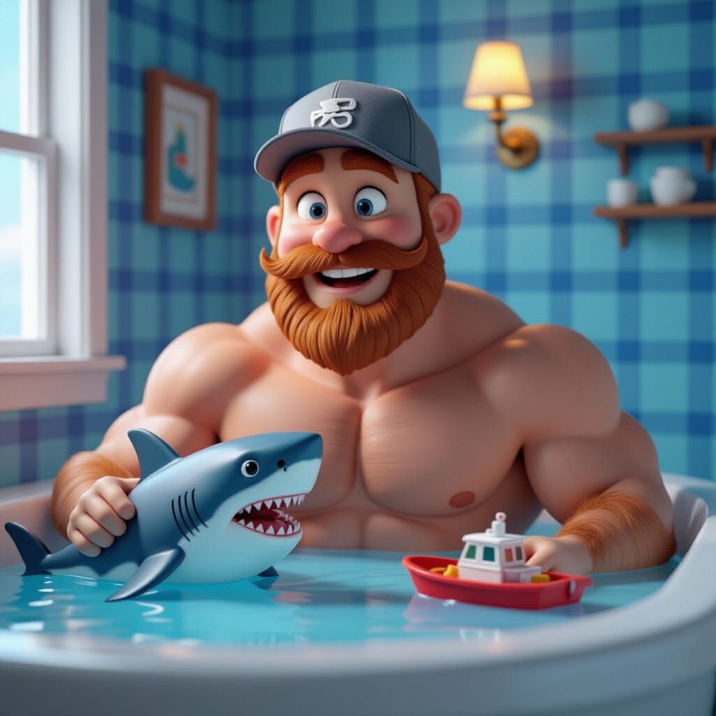 Red-Haired Man in Bath with Toy Shark: 3D Art