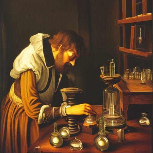 Alchemist in his laboratory, 17th century gentleman chemist,...